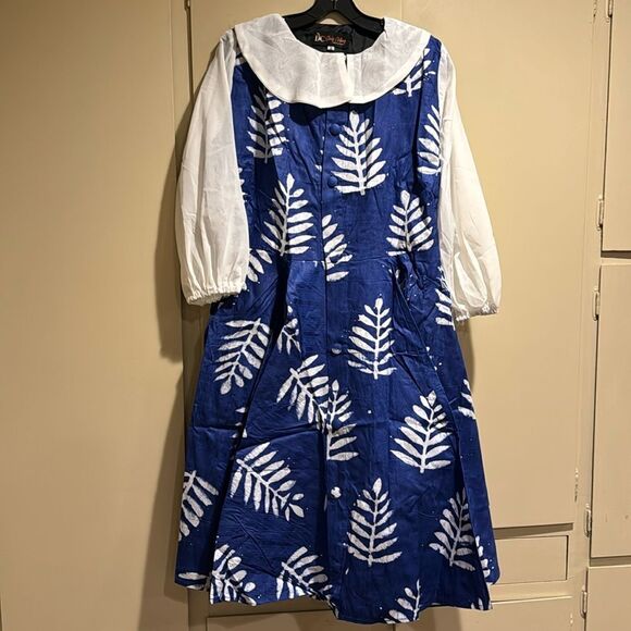 Gorgeous Declaj Clothing original hand sewn adire navy leaf tie dye midi dress. - Picture 2 of 8
